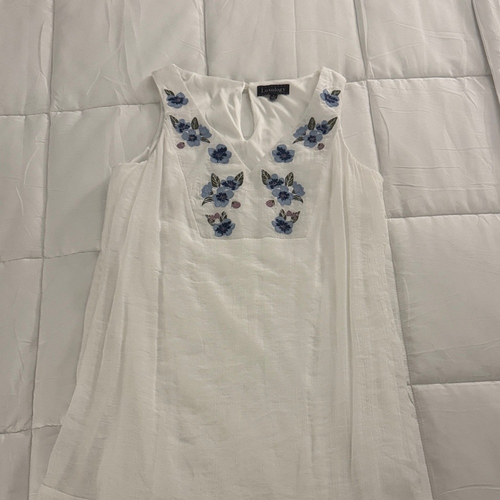 Luxology White Linen Dress with Blue Embroidery
